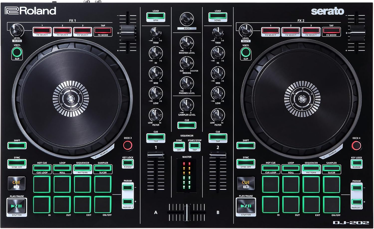 Roland DJ-202 Compact DJ Controller | 2-Channel, 4-Deck Controller for Serato DJ Lite | Large, Low-Latency Platters | Iconic Roland Drum Kit Sounds