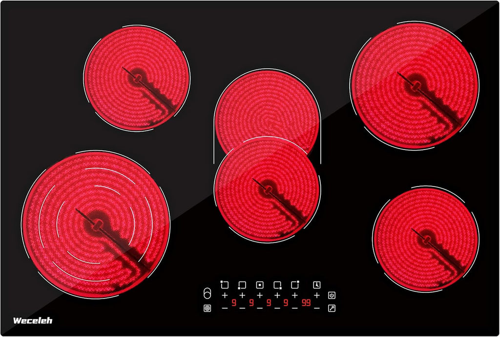 Electric Cooktop 30 Inch 5 Burners, Electric Stove Top 30 Inch, Glass Flat Top Ceramic Cooktop Stove, Built-In, Timer, Child Lock, 9 Power Levels, Black, 220-240V(No Plug), 8500W