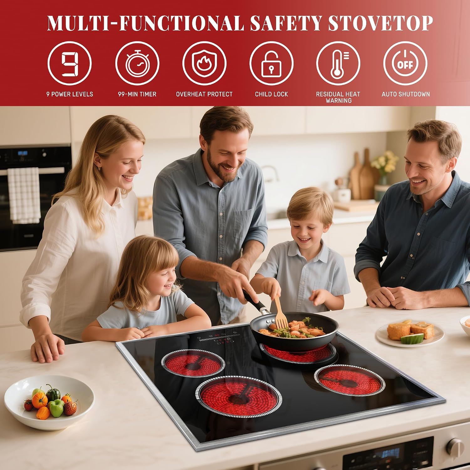 24 Inch Electric Cooktop 4 Burner Electric Stove, 24' Built-in Ceramic Stovetop with Slide Control, Timer, Child Lock, 9 Heating Level, 6000W, 220-240v, No Plug, Hard Wire