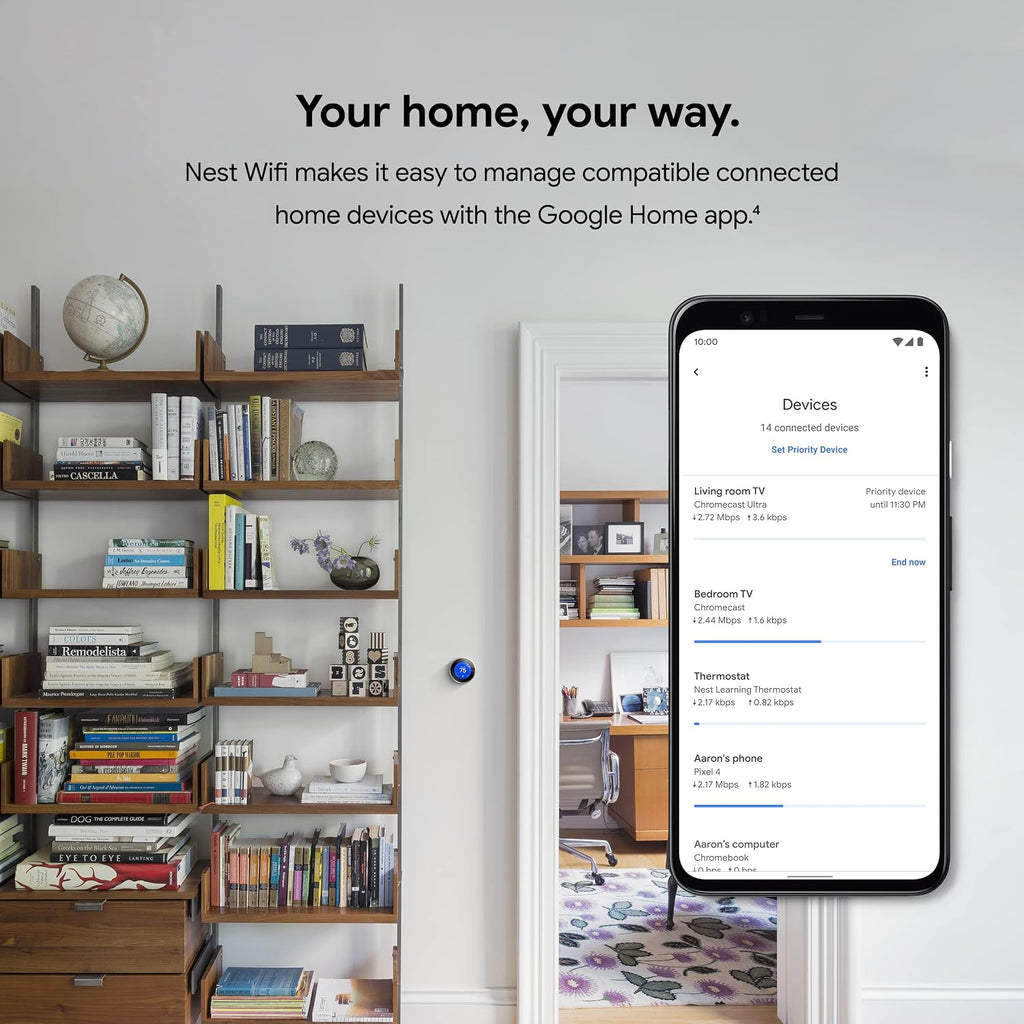 Google 2022 Nest WiFi Router and 2 Points - Mesh Router for Wireless Internet - Wi-Fi Extender with Smart Speaker - Works with Nest WiFi and Google WiFi Home Wi-Fi Systems - Snow (Renewed)