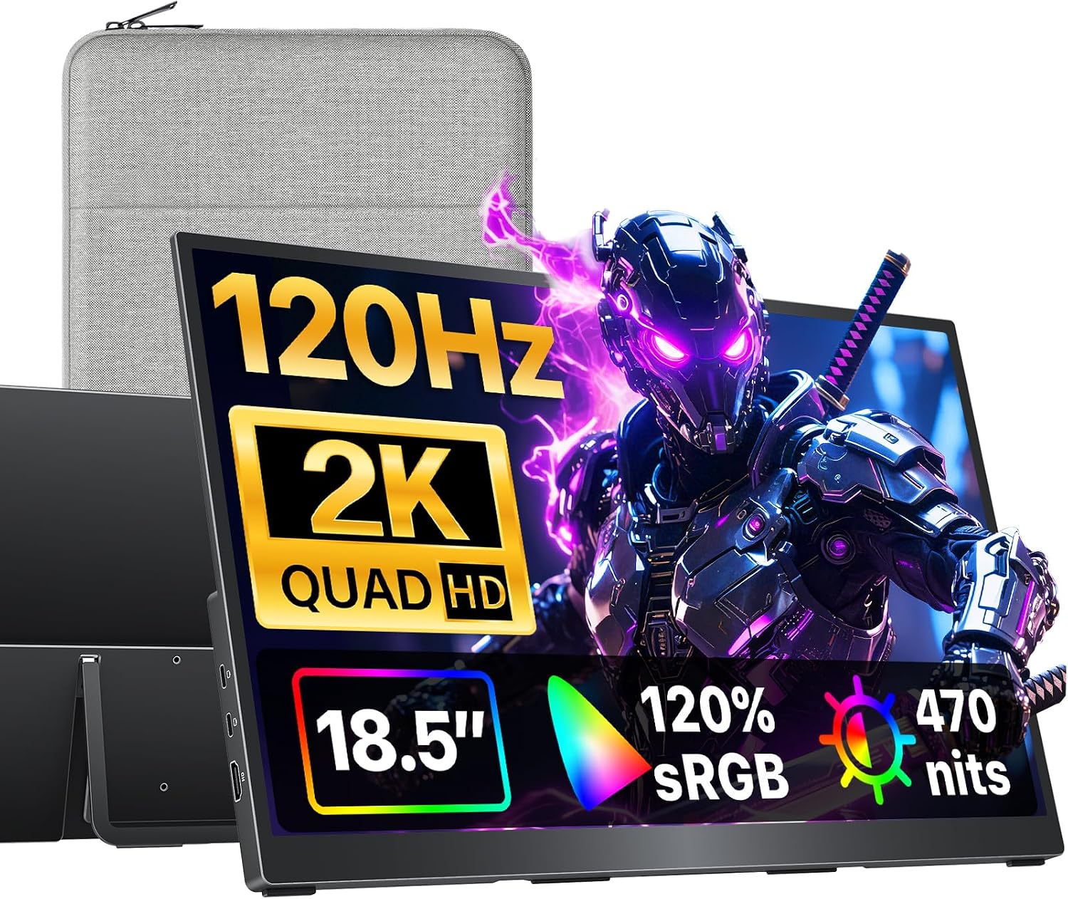 cocopar Portable Monitor 18.5 Inch 2K QHD 120Hz 120% sRGB Travel Monitor with Speaker HDMI USB-C Second Screen for Laptop MacBook Surface PC Xbox PS4/5, VESA Mountable, with Kickstand