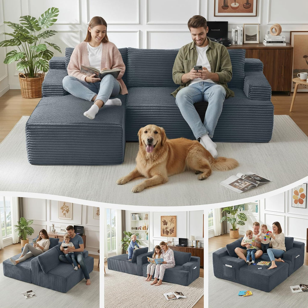 Modular Sectional Sofa Couches, 96' L-Shaped Cloud Boneless Couch with Left Chaise Lounge & Side Pockets for Living Room | No Assembly Required | Corduroy Fabric, Dark Gray