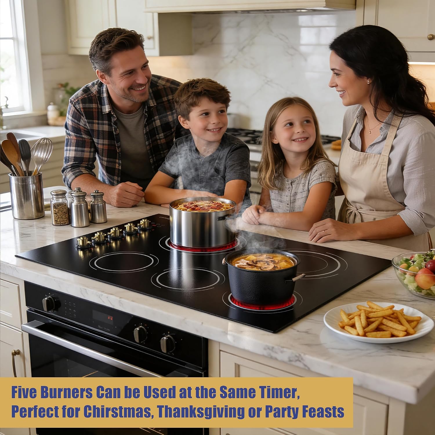 Upgraded 30 Electric Cooktop - 8600W High Power 5 Burners Electric Stove, Built-in 30 Inches Ceramic Stove Top Knob and Touch, Timer, Safety Lock, Timer, 220-240V Hard Wired (No Plug)