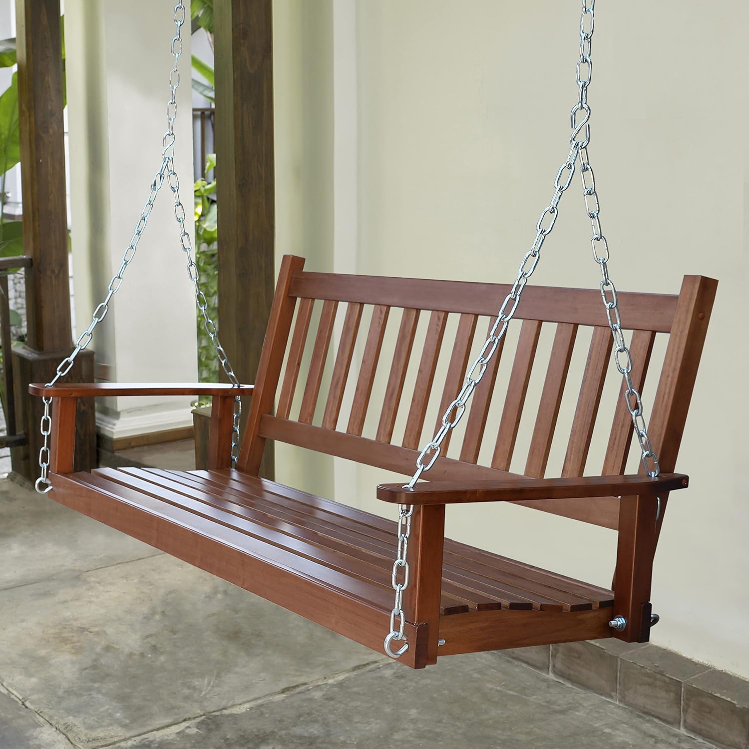 MUPATER Outdoor Patio Hanging Wooden Porch Swing 5FT with Chains, 3-Person Heavy Duty Swing Bench for Garden and Backyard, Wood Brown