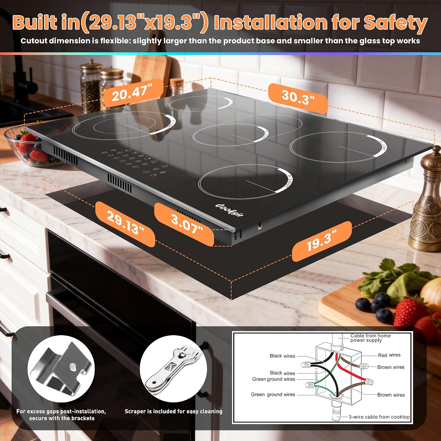Electric Cooktop 30 Inch - 5 Burner Electric Stove Built-in(29.13'x19.3') 8400W High Power, 30 In Ceramic Stove Touch Control with Timer, Safety Lock, Glass Metal Frame, 220-240V Hard Wired