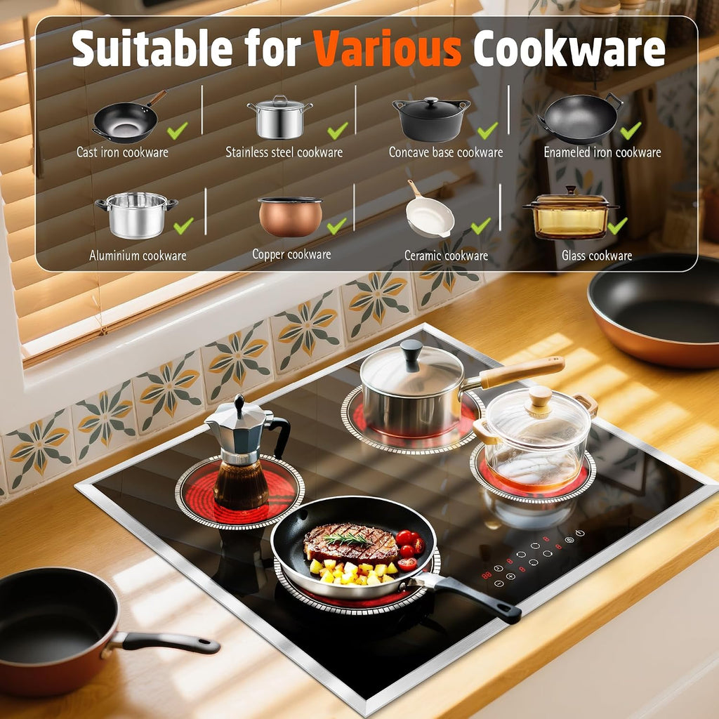 24 Inch Electric Cooktop 4 Burner Electric Stove, 6000W Built in Ceramic Stovetop with Touch Control 24', Timer, Child Lock, 9 Heating Level, 220-240v, Hard Wire(No Plug)