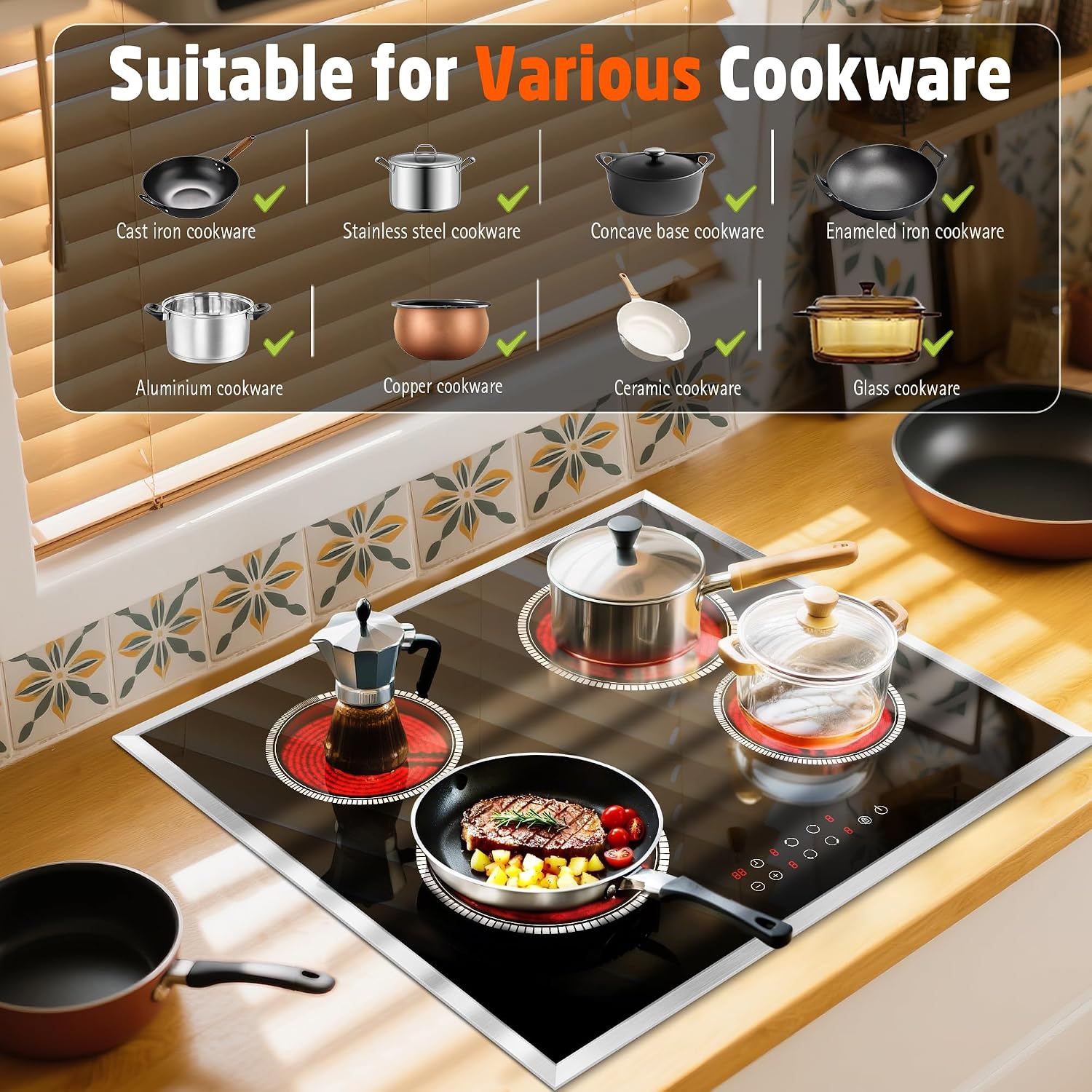 24 Inch Electric Cooktop 4 Burner Electric Stove, 6000W Built in Ceramic Stovetop with Touch Control 24', Timer, Child Lock, 9 Heating Level, 220-240v, Hard Wire(No Plug)