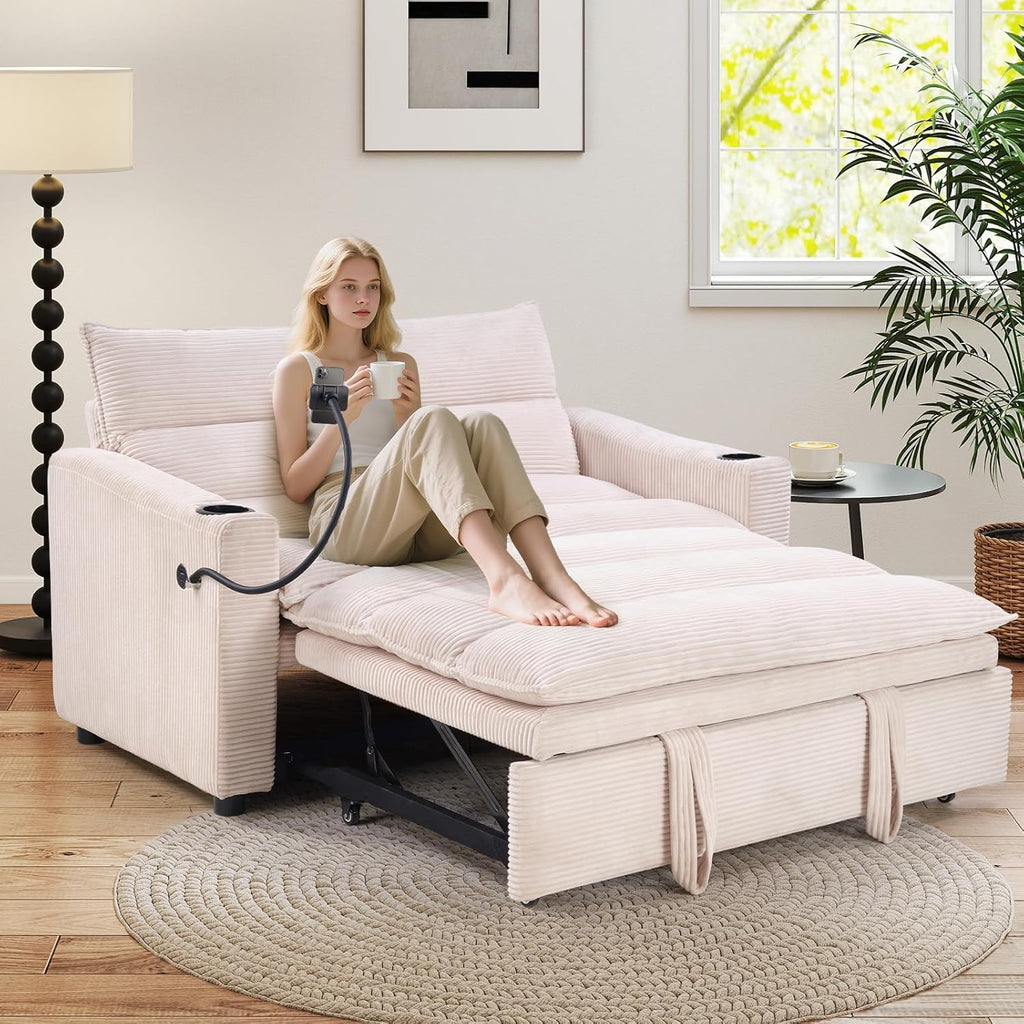 HAOMARKETS 3-in-1 Convertible Loveseat Sleeper Sofa Bed, 2-Seat Pull Out Couch with Cup Holders, Phone Holder and USB Ports, Corduroy 3-Level Adjustable Backrest Couches for Living Room, Beige