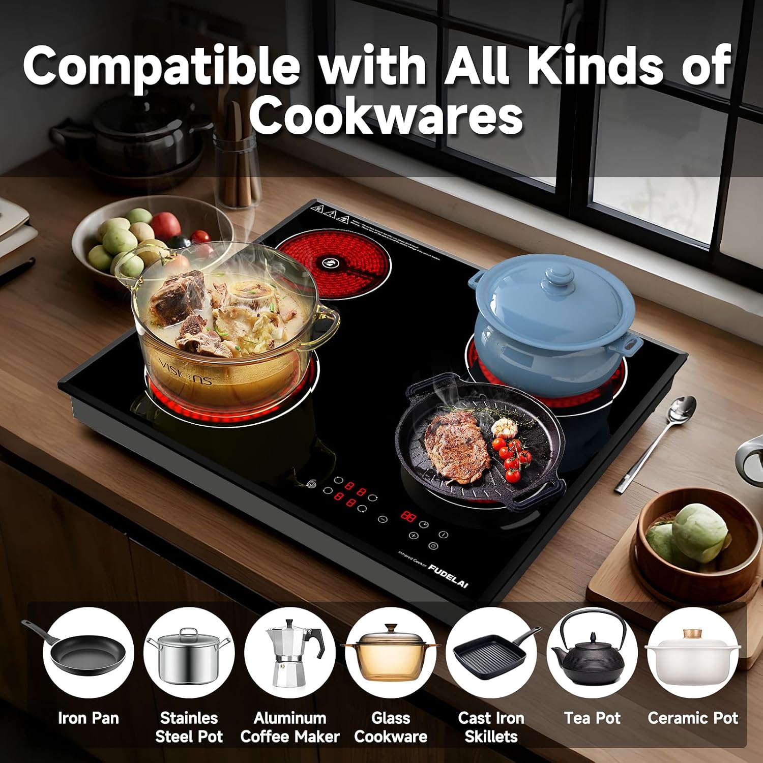 24 Inch Electric Cooktop 4 Burners,6500W 24' Electric Ceramic Cooktop with Child Lock & Auto Safety, Built-in/Countertop Infrared Cooker, 9 Power Levels, Easy-Clean Glass (No Plug)
