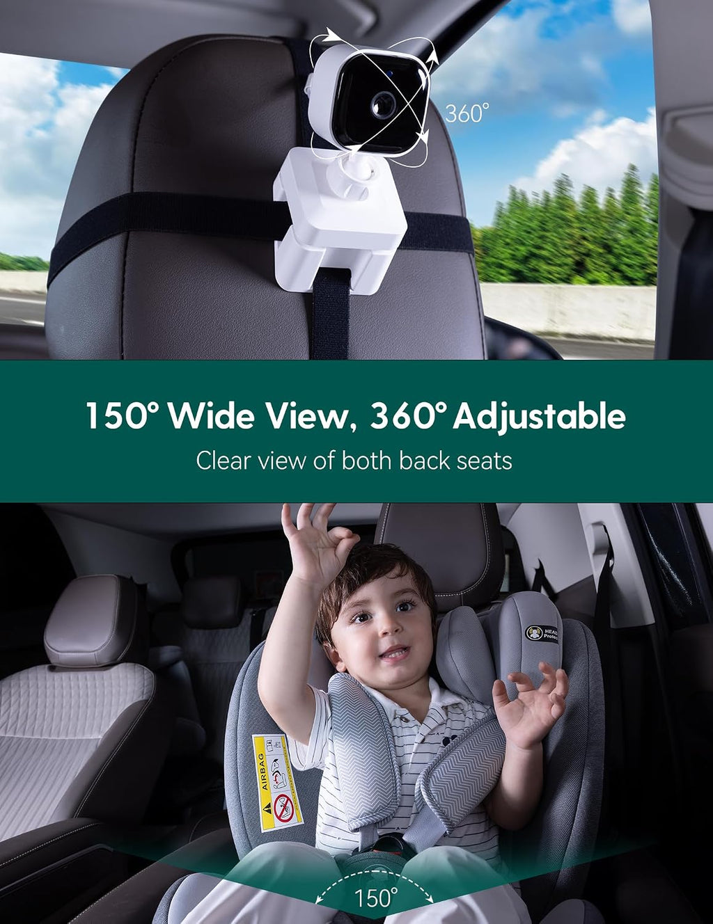 BABELIO Wireless Baby Car Camera with Night Vision, 5' 1080P HD Clear View, 150° Wide-Angle Lens, 360° Rotatable, Easy Install, Black Monitor
