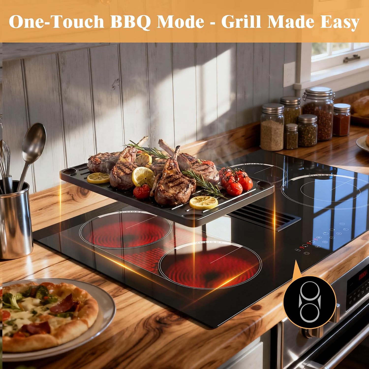 30 Inch Electric Cooktop with Ductless Downdraft - 4 Burner Built-in Stove 7400W, 30' Electric Stove Downdraft Range Hood 135W, Timer, Safety Lock, 220V Hard Wired, Recirculating Air Vent