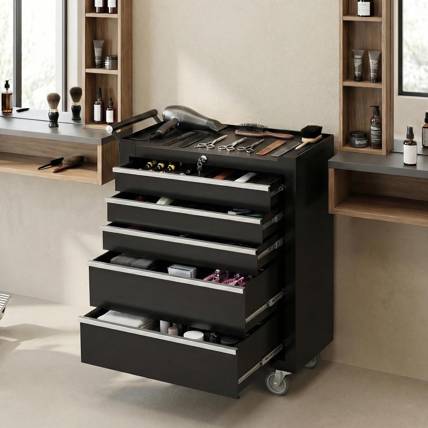 Garvee Rolling Tool Chest, 5 Drawers Tool Storage Cabinet, Toolbox with Wheels, Portable Tool Cabinet Organizer with Locking System & Drawer Liners, Tool Storage Cart for Garage, Workshop, Black