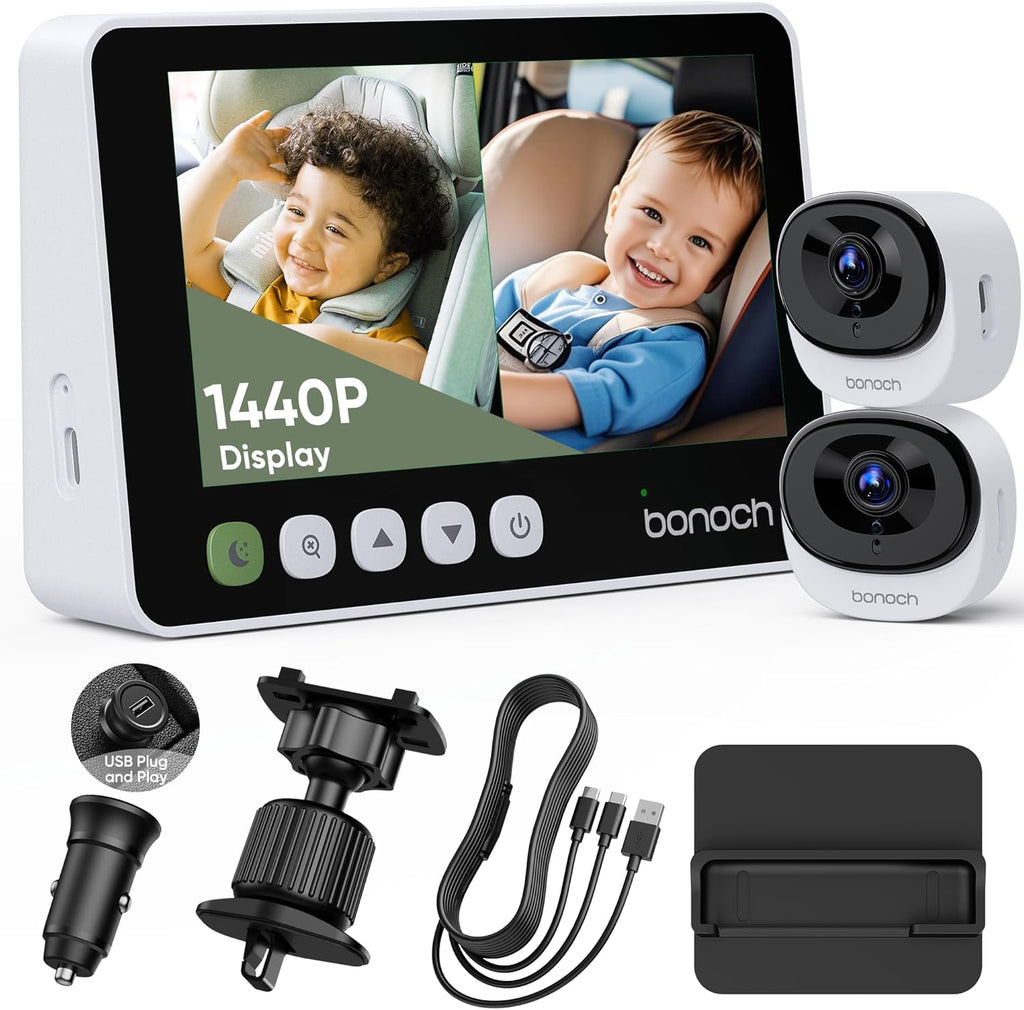 bonoch 5' 1440P Baby Car Camera for 2 Kids - 360° Rotating Adjustable Wide View Dual Cameras, Split Screen Night Vision, Easy Setup Car Seat Monitor, USB Powered with Charger, Shower Gift for Parents
