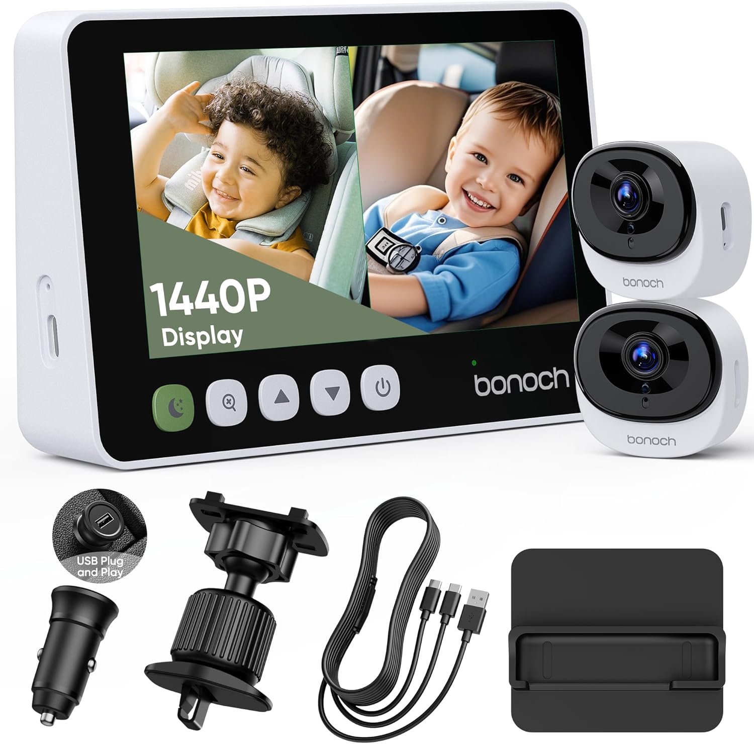 bonoch 5' 1440P Baby Car Camera for 2 Kids - 360° Rotating Adjustable Wide View Dual Cameras, Split Screen Night Vision, Easy Setup Car Seat Monitor, USB Powered with Charger, Shower Gift for Parents