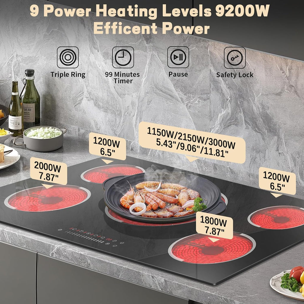 Electric Cooktop 36 Inch - 9200W High Power 5 Burners Electric Stovetop, Built-in 36 Inches Ceramic Burner Knob and Touch, Timer, Safety Lock, Expandable Ring, 220-240V Hard Wired (No Plug)