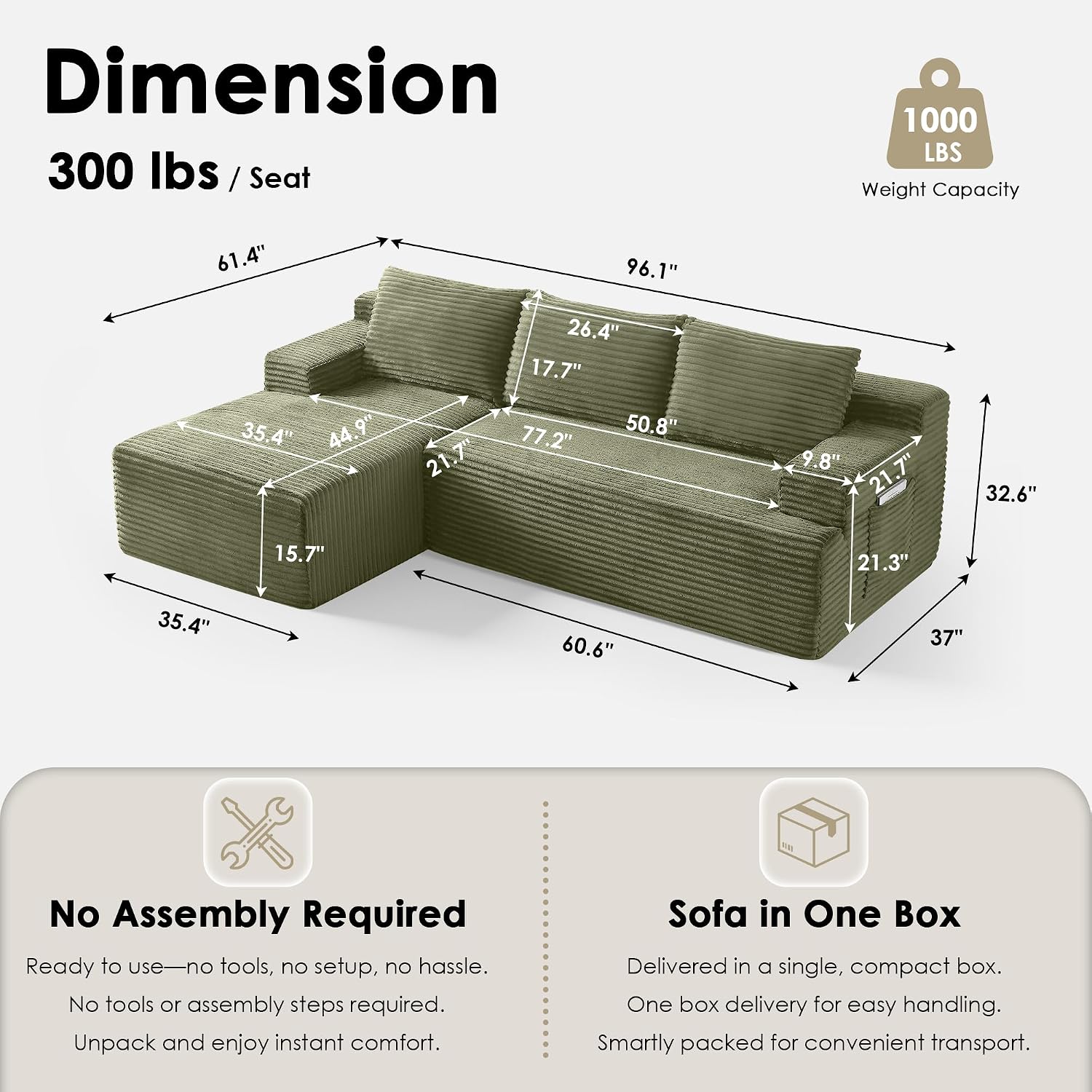 Modular Sectional Sofa Couches, 96' L-Shaped Cloud Boneless Couch with Left Chaise Lounge & Side Pockets for Living Room | No Assembly Required | Corduroy Fabric, Green