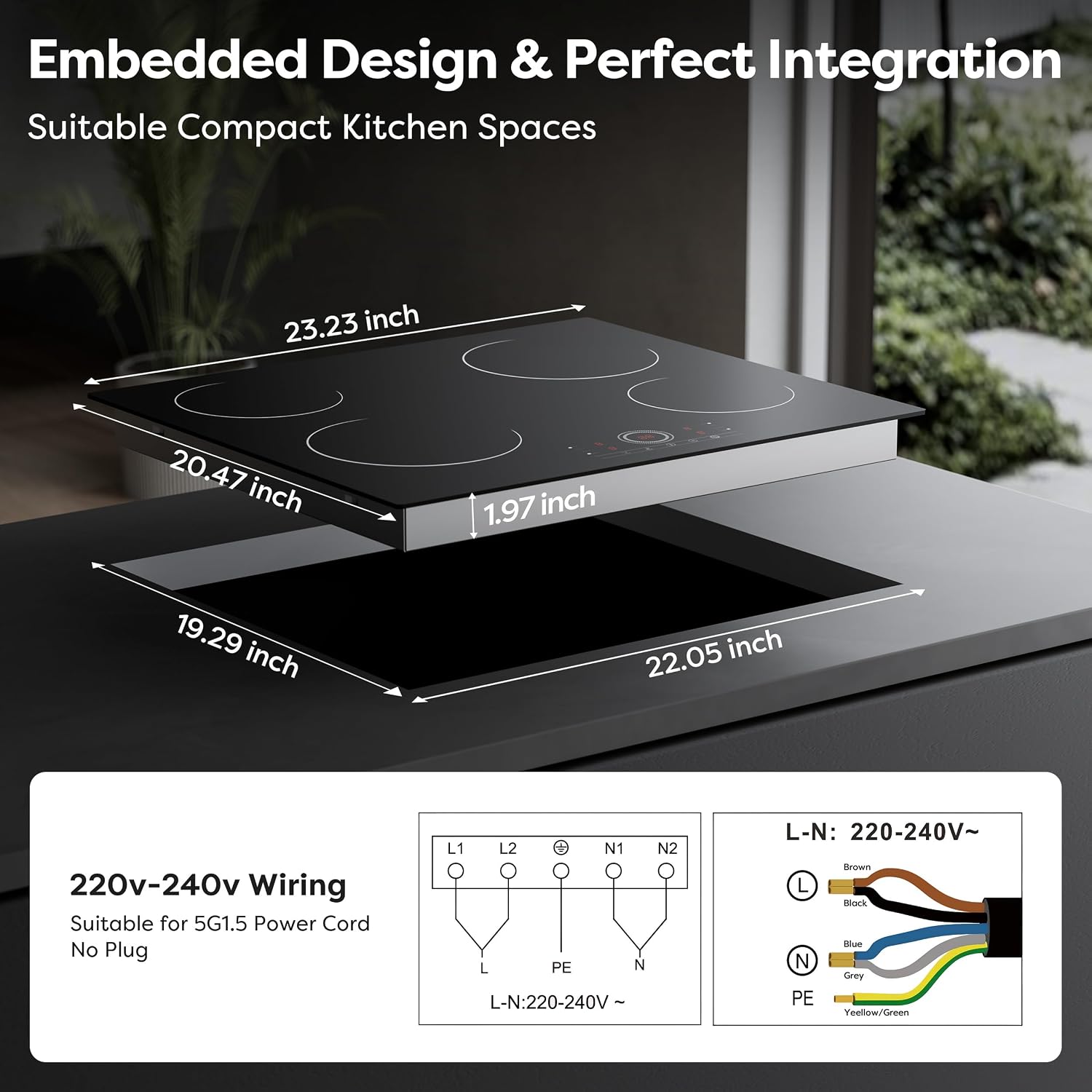 4 Burner Electric Cooktop, 24 Inch Built-in Electric Stove Top, 220-240v Radiant Cooktop with Child Lock, Touch Control, Residual Heat Indicator, Overheat Protection, Hard Wire (No Plug)