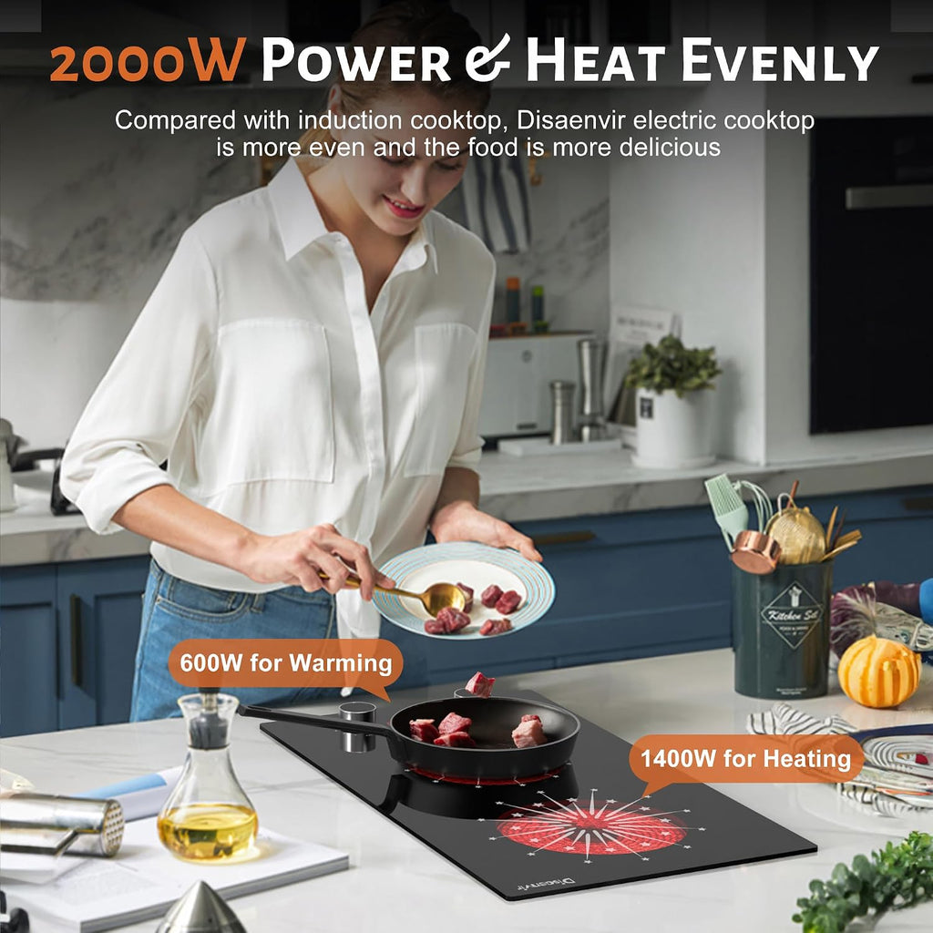2 Burner Electric Cooktop - 12 Inch Electric Stove Built-in & Countertop, 120V Portable Two Burners Electrical Stovetop with Knob Control, Over Heat Protection, 9 Power Level, 110V Plug in