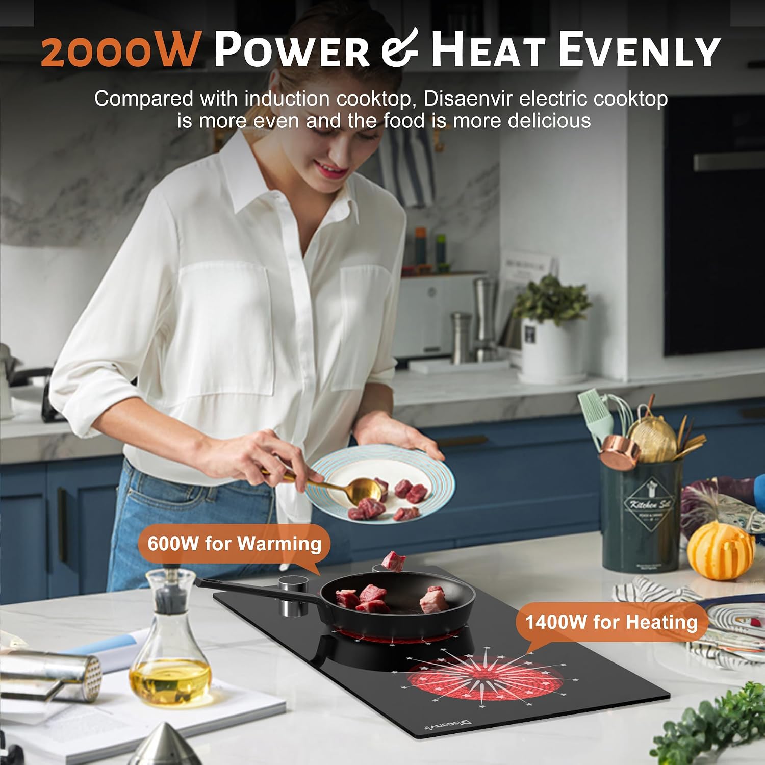 2 Burner Electric Cooktop - 12 Inch Electric Stove Built-in & Countertop, 120V Portable Two Burners Electrical Stovetop with Knob Control, Over Heat Protection, 9 Power Level, 110V Plug in