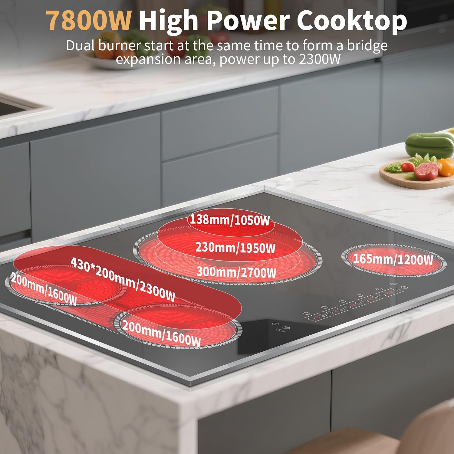 30 Inch Electric Cooktop, 4 Burner Electric Stove Top with Touch Control, 7800W Built-In Glass Stovetop with BBQ & Expandable Zone, 9-Level Adjustable, Child Lock, Timer, 220V-240V Hardwire