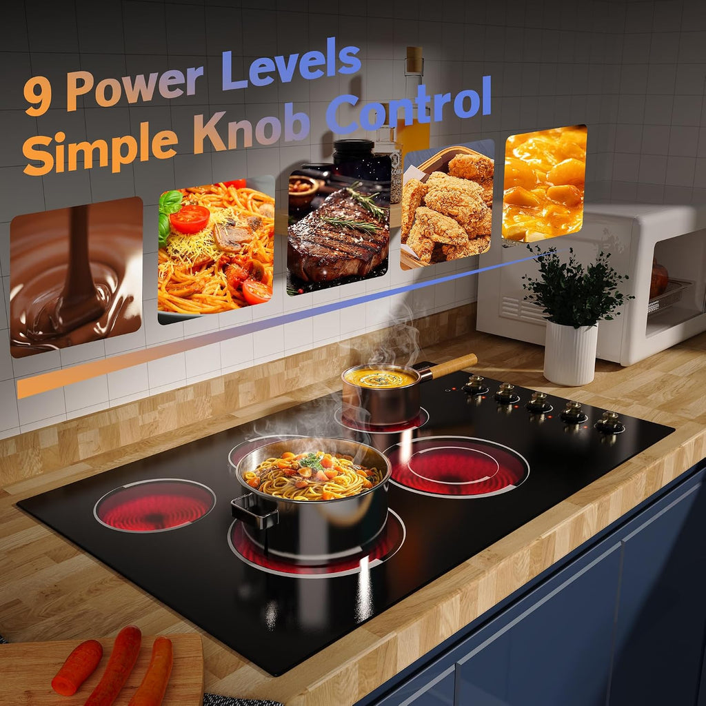 Electric Cooktop 36 Inch - Drop-in(34.25'x19.3') 5 Burner Electric Stove Top 8400W High Power, 36' Ceramic Cooktop Stove with Knob Touch, Dual Ring, Overheat Protection, 220-240V Hard Wired