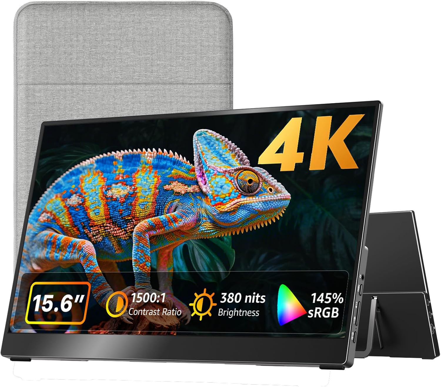 kksmart Portable Monitor 15.6 inch 4K UHD 145% sRGB 60Hz, Travel Monitor for Laptop MacBook Surface PC Xbox PS5, HDMI USB-C VESA Compatible Built-in Speaker