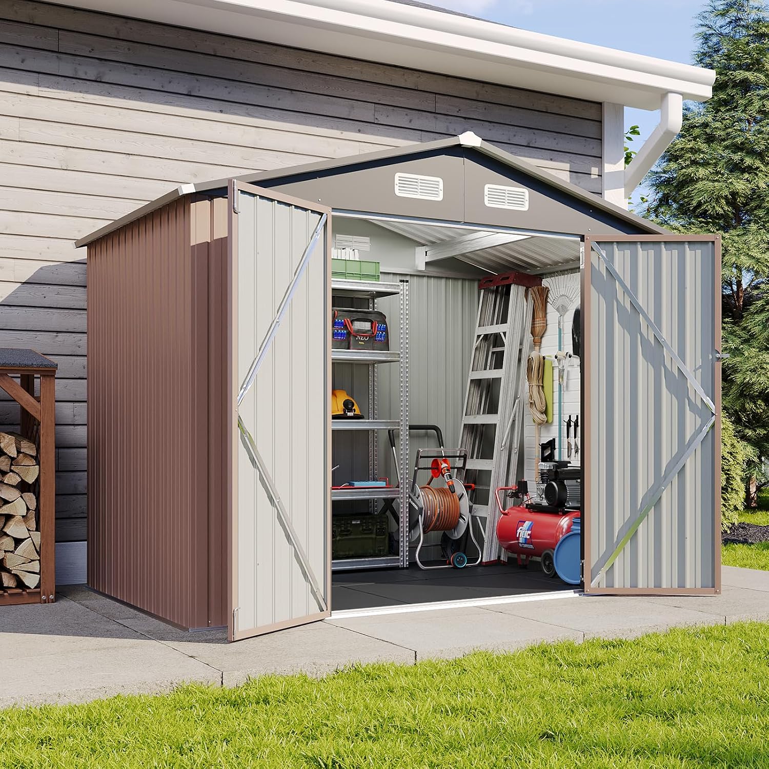 8x6 Galvanized Metal Shed with 15mm Moisture-Proof Floor – Heavy Duty Outdoor Storage Shed, Double Doors & Sloped Roof, Ventilation Design for Bike, Generator, Garden Tools (8x6 with Floor)