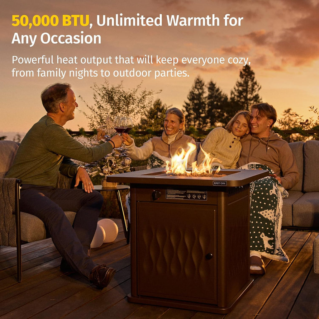 East Oak 32' Outdoor Propane Fire Pit Table | 50,000 BTU Gas Fire Pit Table for Outside with Magnetic Lid | Storage Basket & Lava Rocks | CSA Certified for Patio, Garden & Backyard | Brown