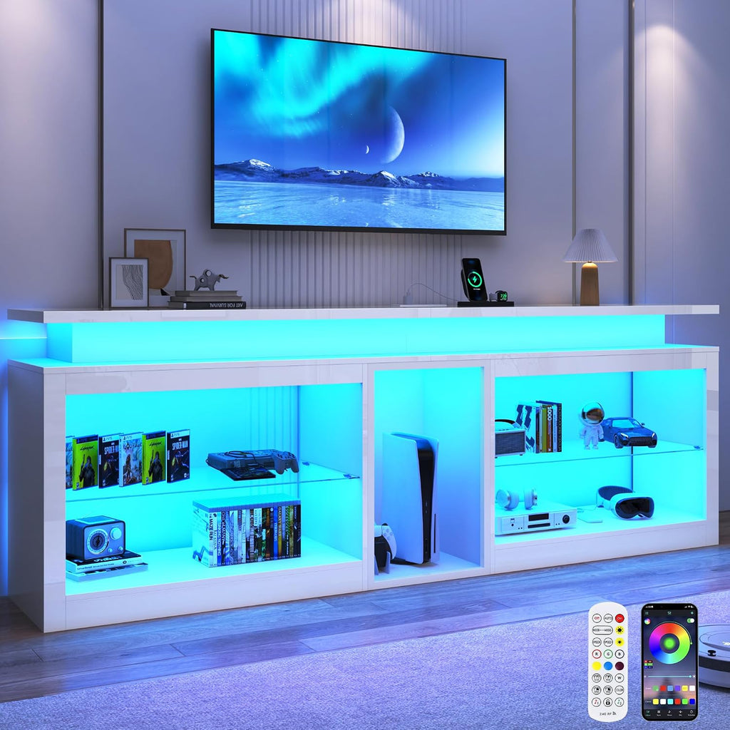 80' LED TV Stand with Power Outlet,60-Colors LED Lights For 80 85 90in TV,High Gloss Gaming Entertainment Center w/Adjustable Shelves,White TV Console with Modern Design for Living Room Bedroom