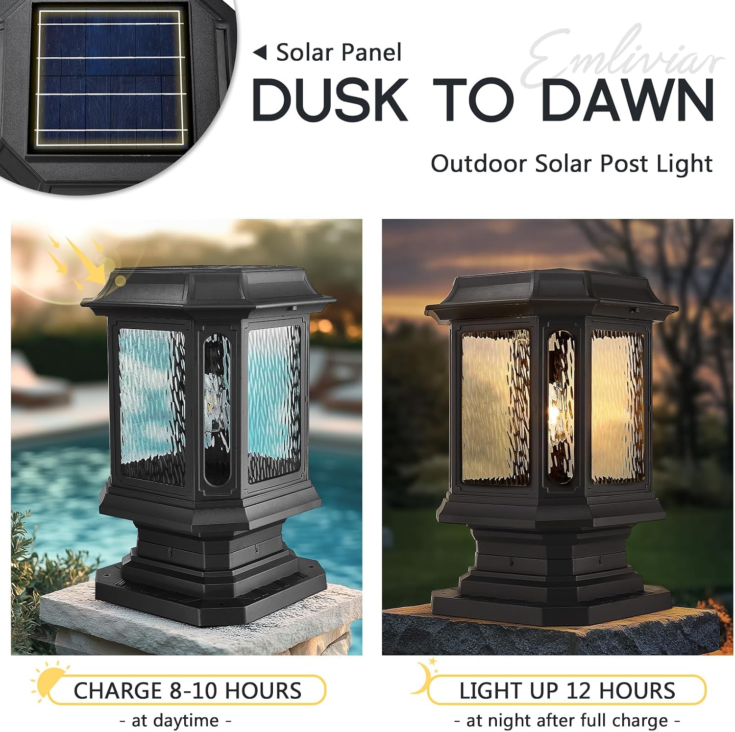 Emliviar Exterior 23.5 Inch Solar Post Light, Outdoor Aluminum Post Lamp with Pier Mount Base, Integral Black LED Pillar Lantern with Water Ripple Glass, XE310P SL BK-SW