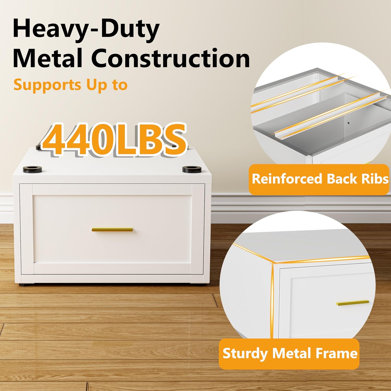 Laundry Pedestal Heavy Duty Metal Washer and Dryer Pedestals, 16'H Universal Fit Washer Stand Base, Washing Machine Stand with Storage Drawer, 440lbs Mini Fridge Stand, (White, 1PCS)