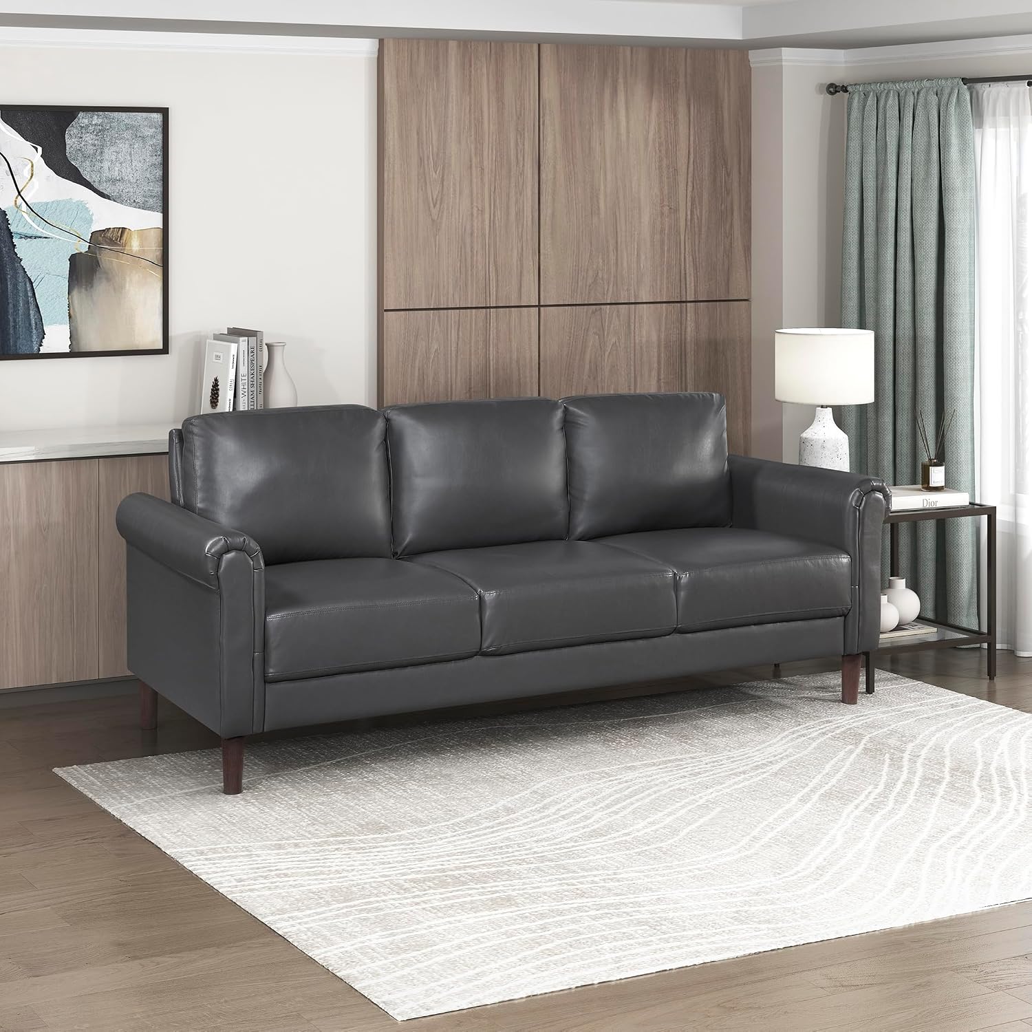 Lexicon 79' W Sofa Couch, Faux Leather Upholstered 3-Seater with Rolled Arms & Wood-Look Feet, Pocket Coil Support, Traditional Living Room, Office or Waiting Room Seating - Dark Gray