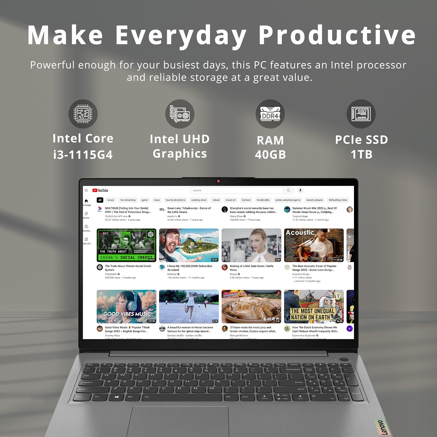 Lenovo Ideapad 3i 15.6' FHD Touch Laptop, Intel i3-1115G4, 40GB RAM, 1TB PCIe SSD, Intel UHD Graphics, Numeric Keypad, WiFi 6, 720P HD Camera, Win 11 Home, Gray, 128GB Hotface USB Card