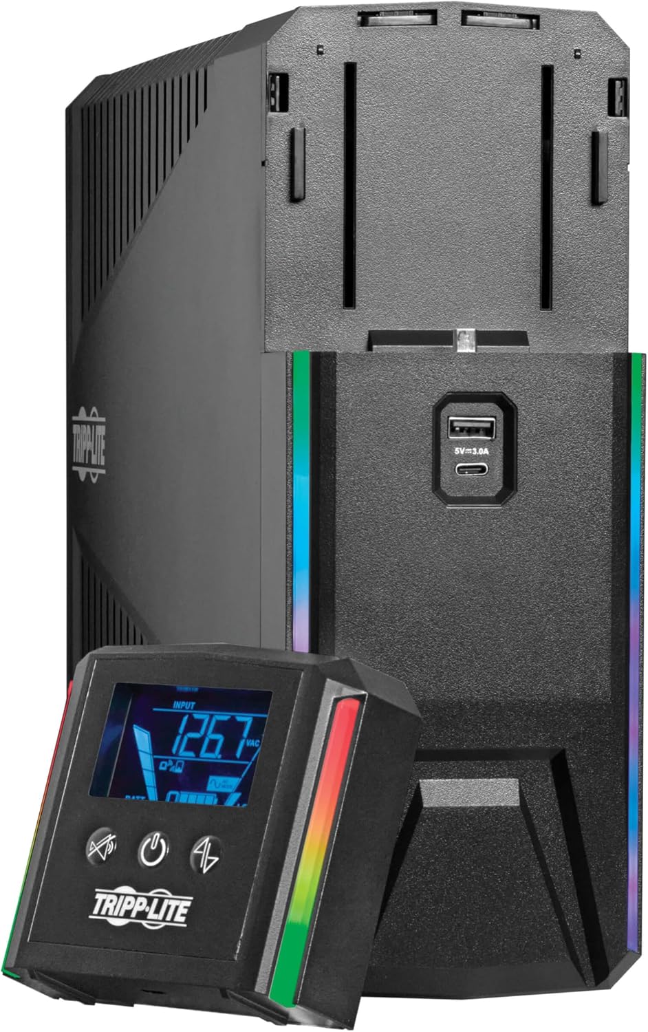 Tripp Lite Pure Sine Wave Gaming UPS Battery Backup, 1200VA 720W 120V, Detachable LCD, Automatic Voltage Regulation, USB, RGB LED Lights, 3-Year Warranty & $250K Insurance (SMART1200PSGLCD)