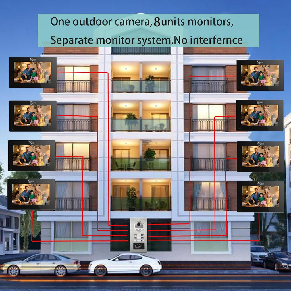 Tuya Smart Home Wired Apartment Video Intercom System, 1080P HD Video Doorbell, Compatible with 8 Units 7-inch Touchscreen, Supports Motion Detection, Two-Way Audio, Indoor Outdoor