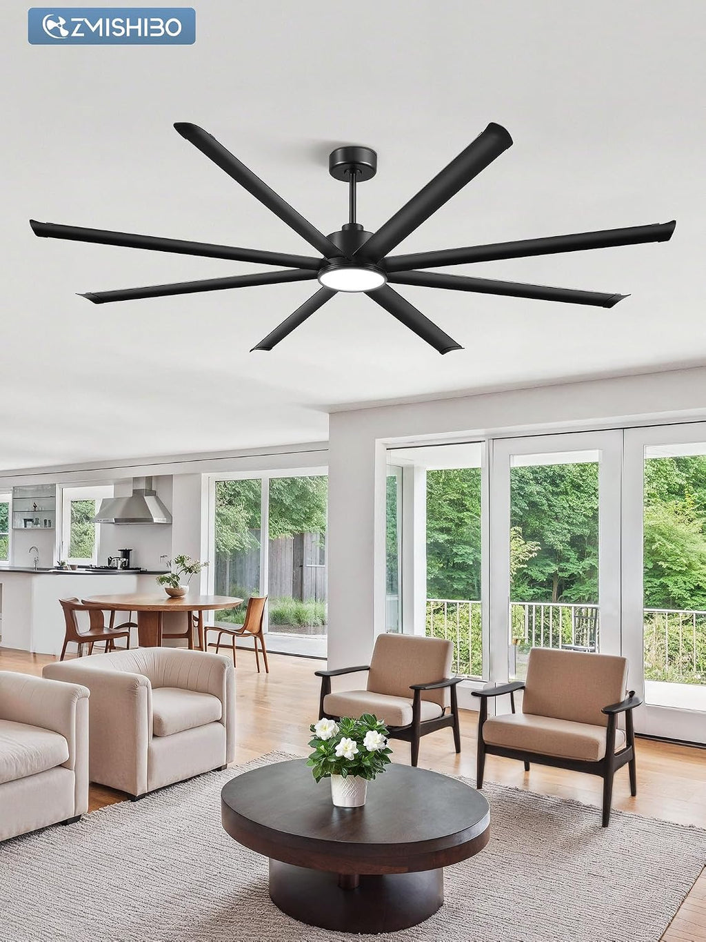 ZMISHIBO 96 Inch Ceiling Fans with Lights, Large Indoor/Outdoor Industrial Ceiling Fan with 8 Aluminum Reversible Blades, Quiet DC Motor, 3CCT&6-Speed Remote Control, Damp Rated for Shop/Garage/Gazebo