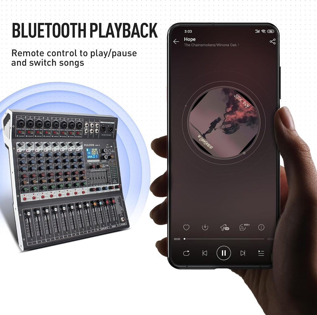 8-Channel Professional Audio Mixer Sound Board Console 99 Bit DSP Digital Processor w/USB Bluetooth MP3 for PC Recording Input, XLR Microphone Jack, 48V Power, DJ Mixer