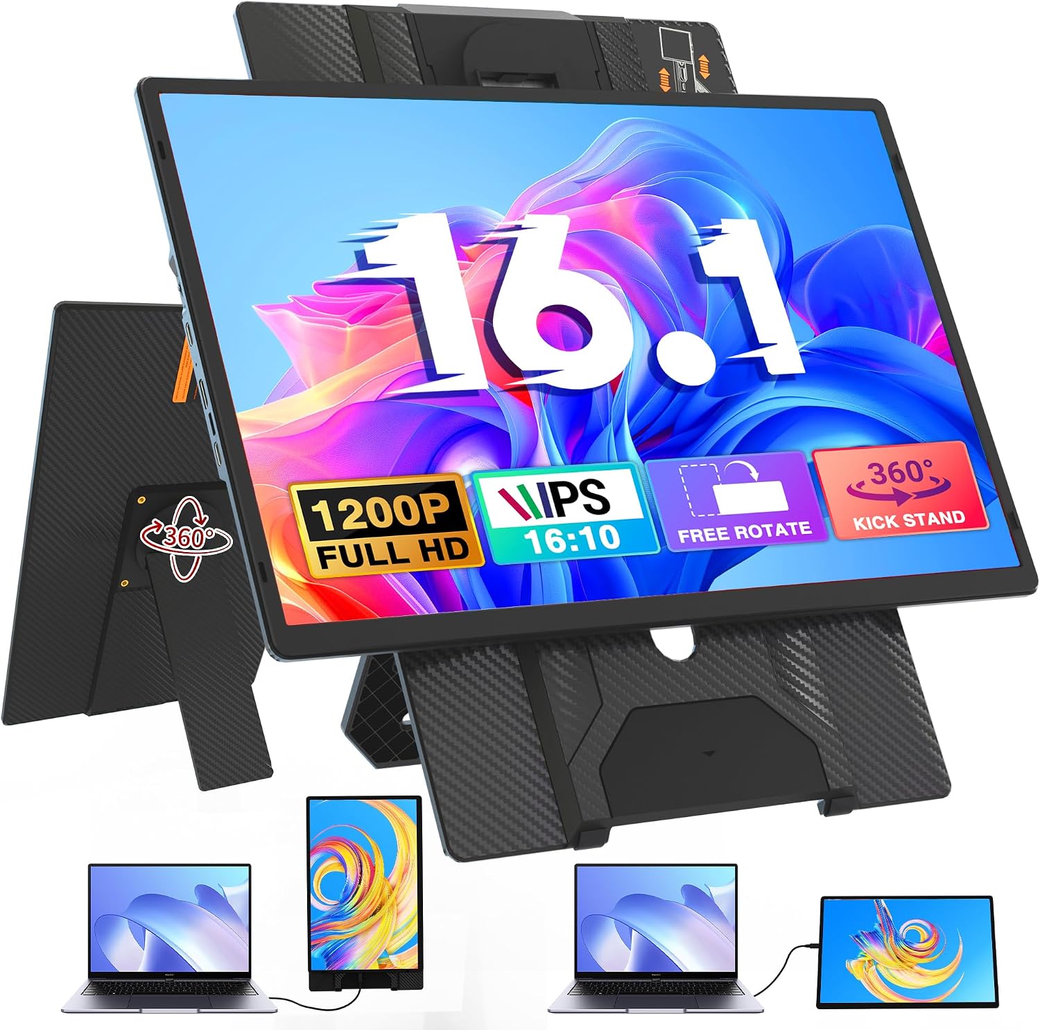 Laptop Screen Extender Portable Monitor, FHD 1200P 16.1' Detachable Monitor Extender for Laptop, Fit for 13-17' Laptops, Compatiable with Windows/Mac/Chrome/Android