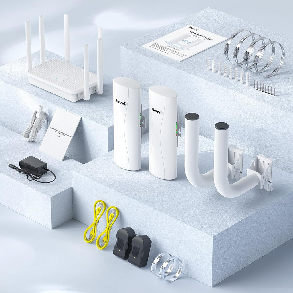 Point-to-Point Wireless Bridge System UeeVii CPE688KIT,With WiFi 6 AX3000 Router, Adjustable Installation Brackets, 5KM Range, Dual Gigabit Ports, 24V/48V POE Power Supply–Complete Wireless Bridge Kit