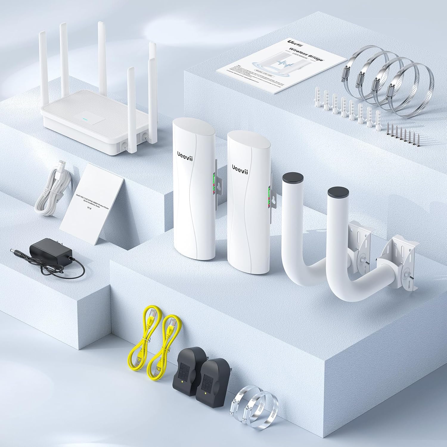 Point-to-Point Wireless Bridge System UeeVii CPE688KIT,With WiFi 6 AX3000 Router, Adjustable Installation Brackets, 5KM Range, Dual Gigabit Ports, 24V/48V POE Power Supply–Complete Wireless Bridge Kit