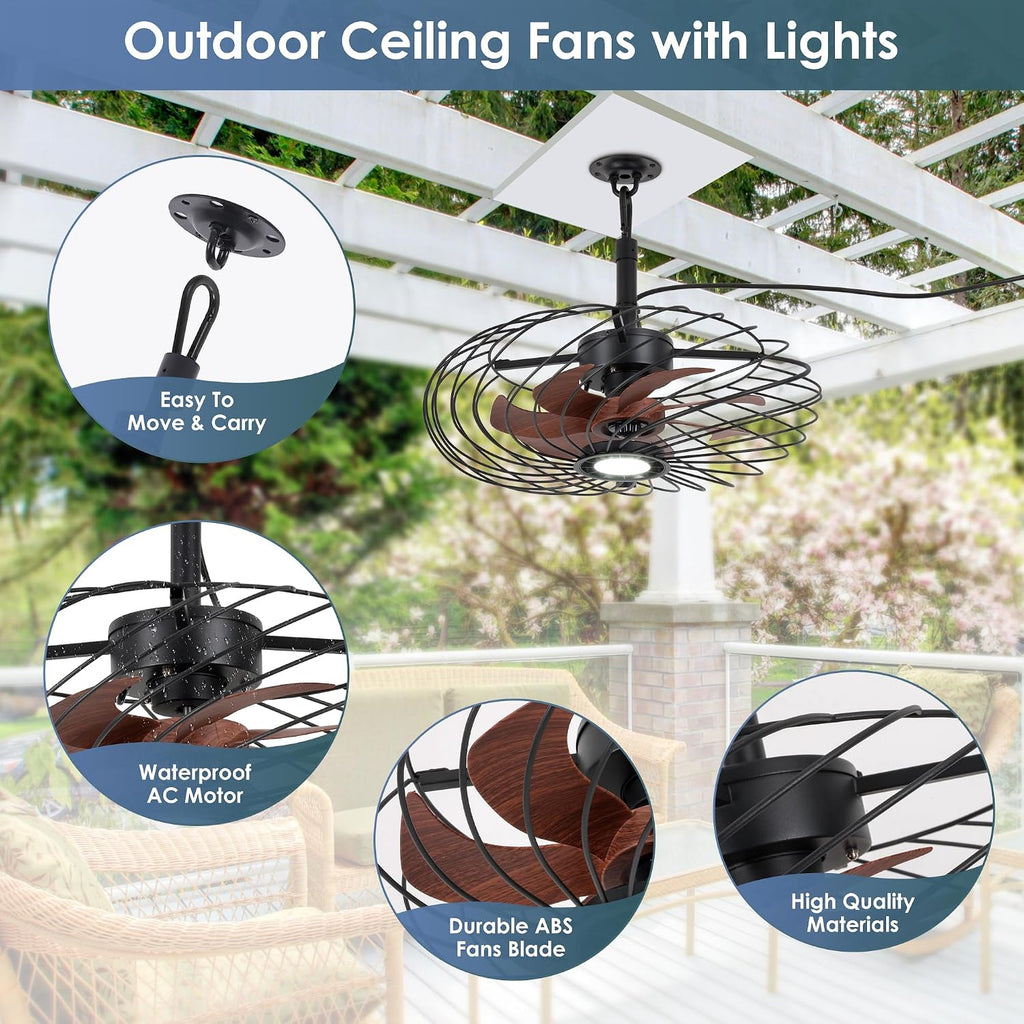 20' Outdoor Ceiling Fan with Light, Waterproof Gazebo Fan Remote Control, Dimmable LED Light, Hanging Black Caged Ceiling Fixtures with Plug in Cord for Patios Pergola