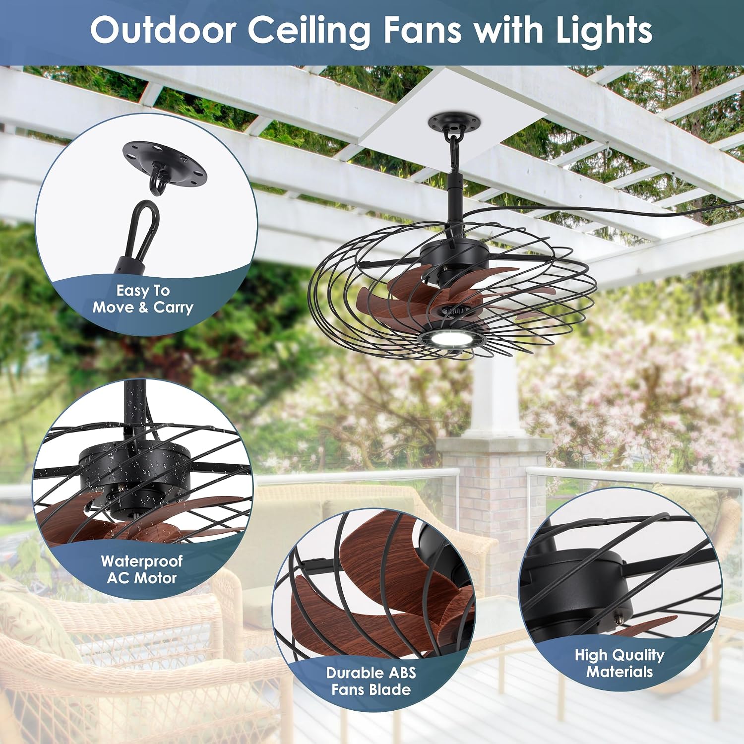 20' Outdoor Ceiling Fan with Light, Waterproof Gazebo Fan Remote Control, Dimmable LED Light, Hanging Black Caged Ceiling Fixtures with Plug in Cord for Patios Pergola