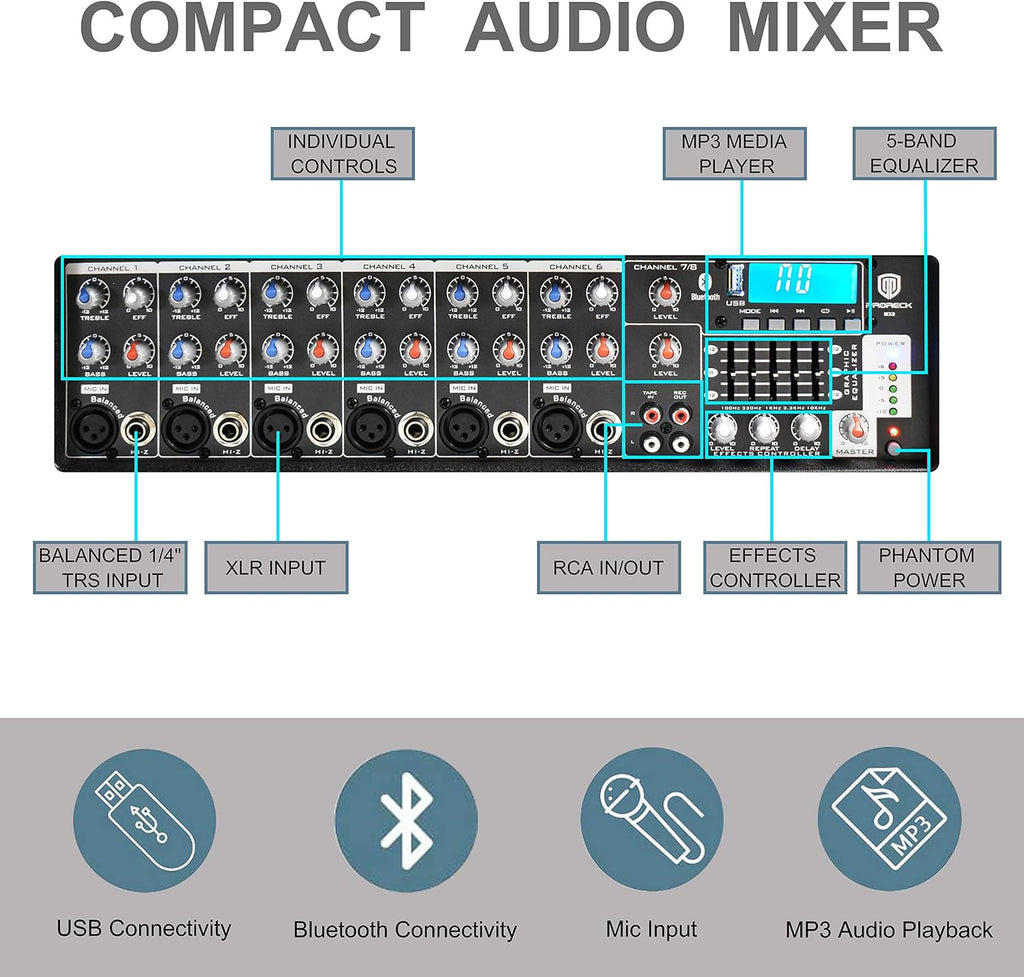 PRORECK MX8 2500 P.M.P.O 8 Channel Compact Studio Powered Mixer with Built In Effects & USB Audio Interface for Party/Meeting/Wedding +48V Phantom Button