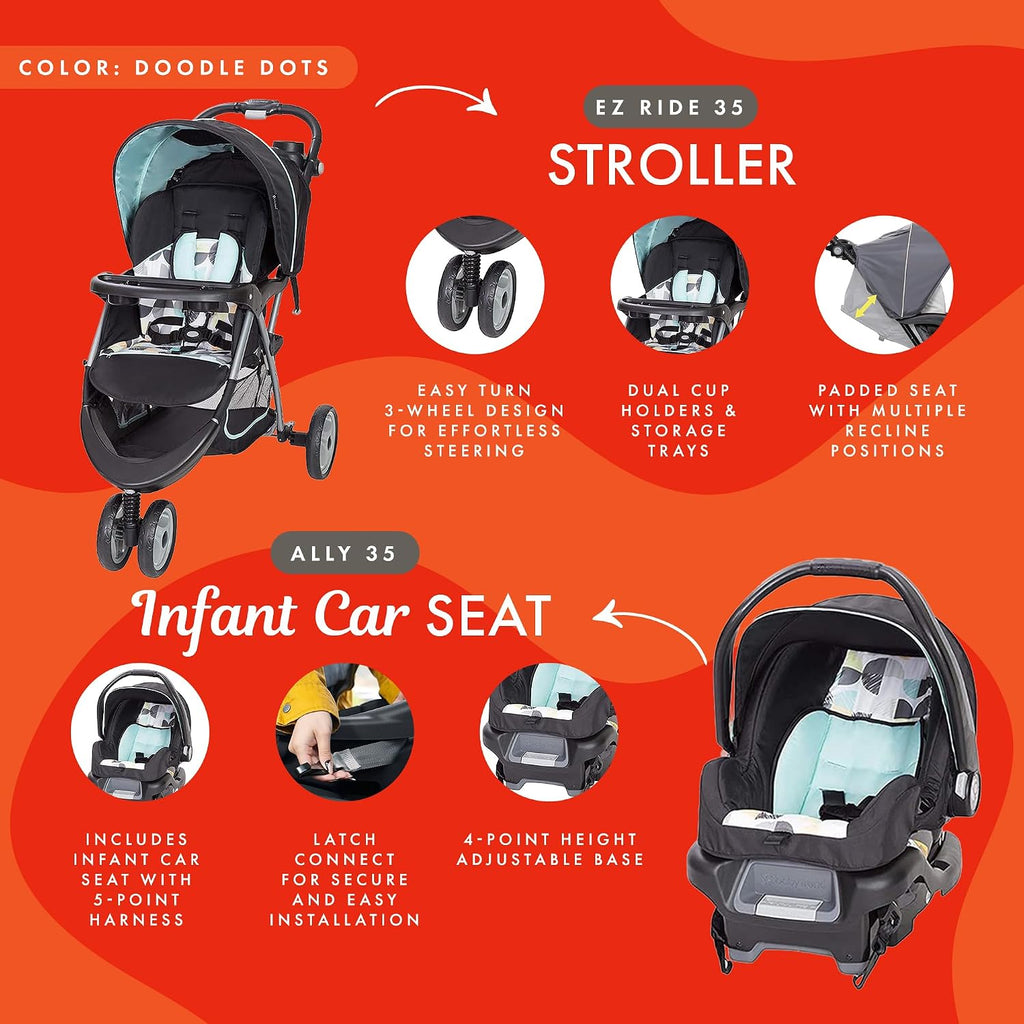 Baby Trend EZ Ride 35 Travel System, Stroller and Infant Car Seat Combo, Doodle Dots - Lightweight and Foldable Compact Design with One Hand Fold and Adjustable Handle