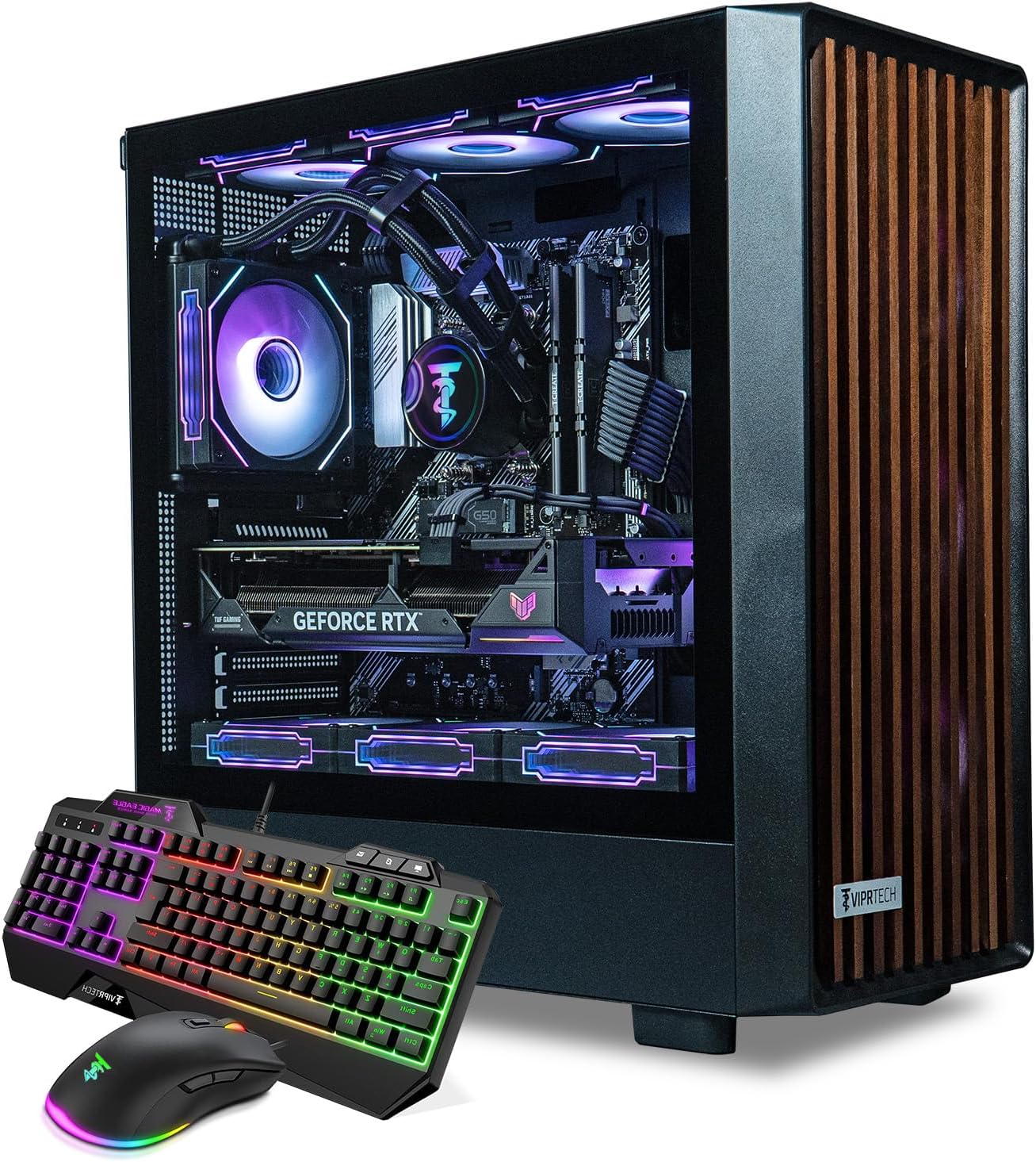 ViprTech Overlord Wood Gaming PC - AMD Ryzen 7 (4.4Ghz Turbo), RTX 5050 8GB, 16GB DDR4 RAM, 1TB SSD, 700W PSU, Black Wood Case, RGB Keyboard Mouse, VR-Ready, WiFi BT, Computer Tower Prebuilt