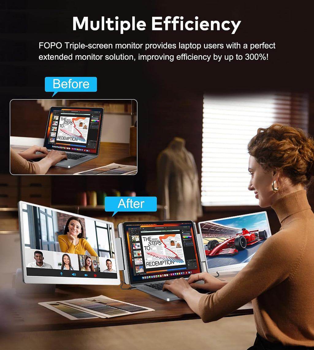 Laptop Screen Extender 16'- 1200P 16:10 FHD Triple Monitor for 12-18.5', Portable Monitor for Laptop with HDMI and USB-C Connectivity for MacBooks(NOT M1 M2 M3)/Wins, Chrome, Surface