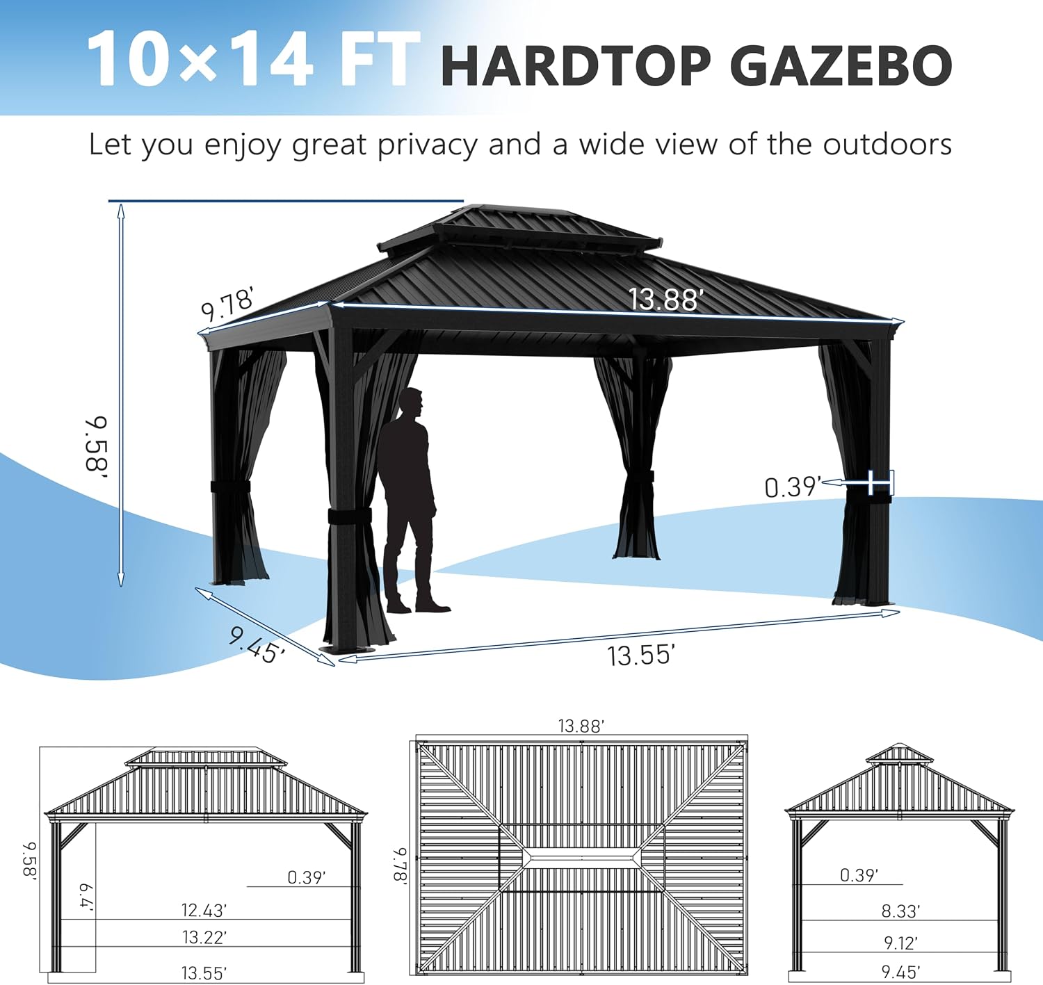 MUPATER 10'×14' Outdoor Gazebo with Double Roof, Permanent Hardtop Gazebo with Drainage System, Heavy Duty Metal Structure with Mosquito Netting for Patio, Backyard, Deck, Black