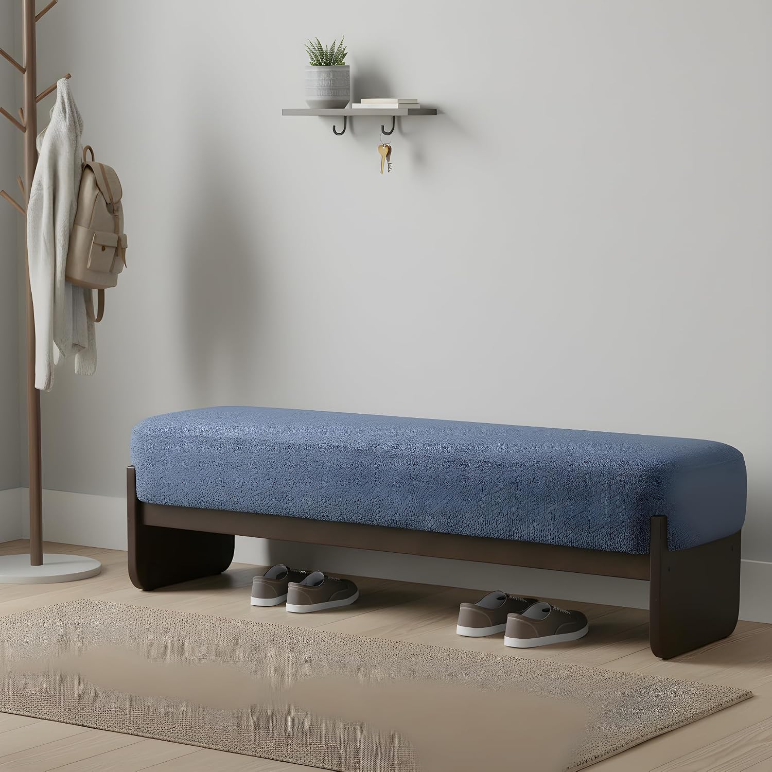 Christopher Knight Home Arden Minimalist Style Rectangular Loop Yarn Fabric Ottoman Bench, Rubberwood Frame, Entryway Bench, Living Room Sofa Extra Seat, End of Bed Footstool, Blue+Brown