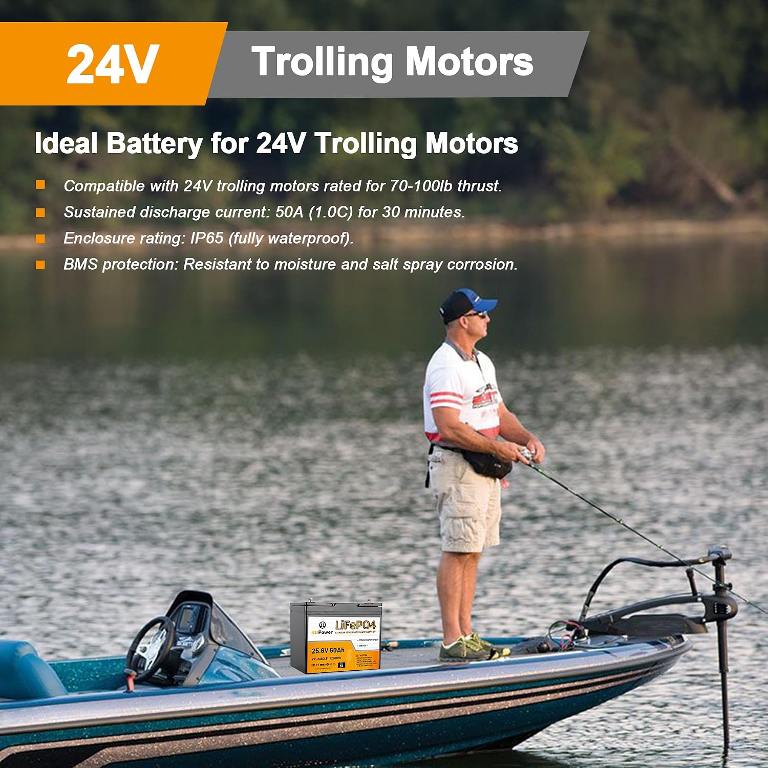 24V 50Ah LiFePO4 Battery,5000+ Deep Cycle, 24v Trolling Motor Lithium Battery,Bulit-in 50A BMS,Perfect for Fish Finder Boat,Marine,RV,Off-Grid System,Solar System,Home Storage