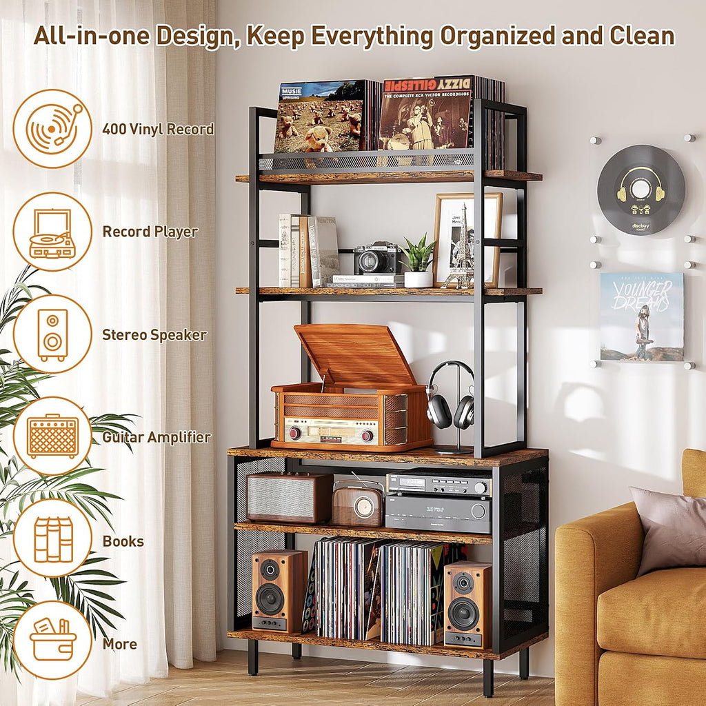 ikkle Record Player Stand with Vinyl Storage Shelf, 5-Tier Large Record Player Table with Storage Rack, Turntable Stand Vinyl Record Cabinet Organizer for Living Room Bedroom, Holds Up 400+ Albums